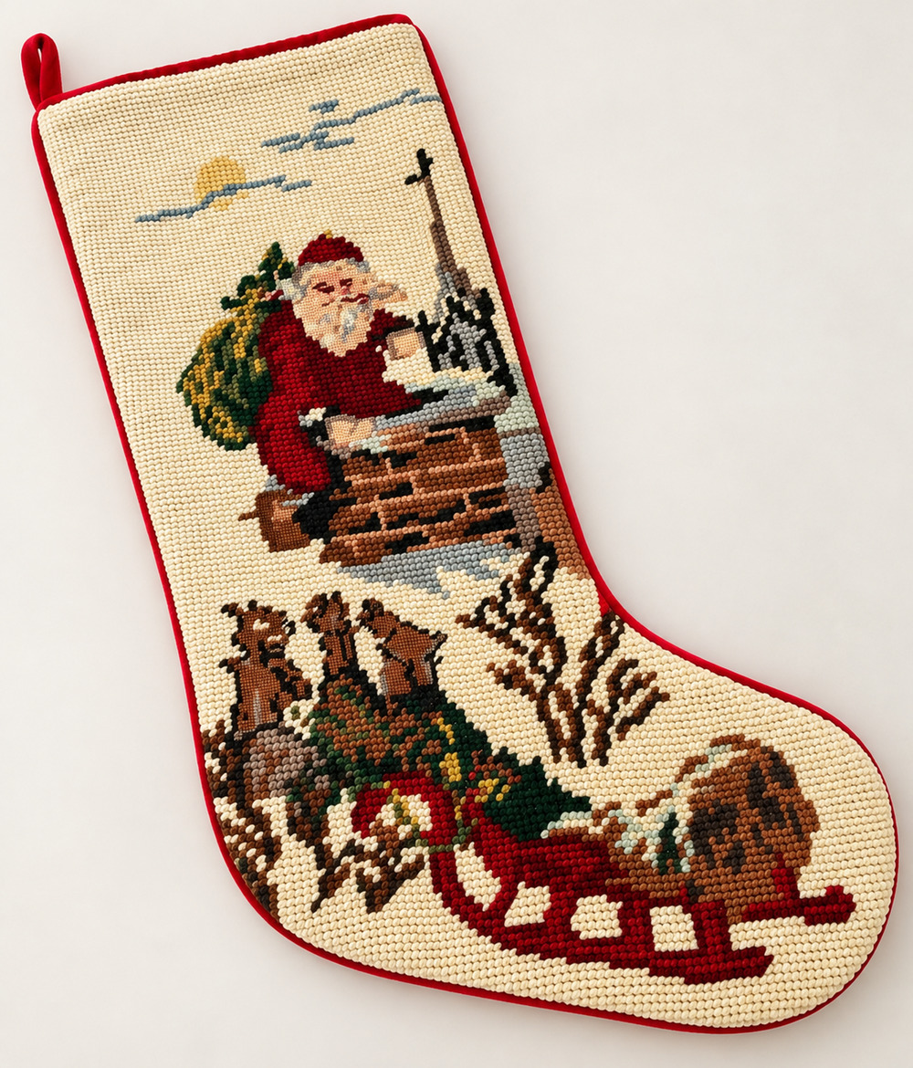 Vintage Needlepoint Christmas Stocking 18" Santa Reindeer Wool Velvet